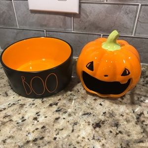Rae Dunn boo bowl and target pumpkin candy dish